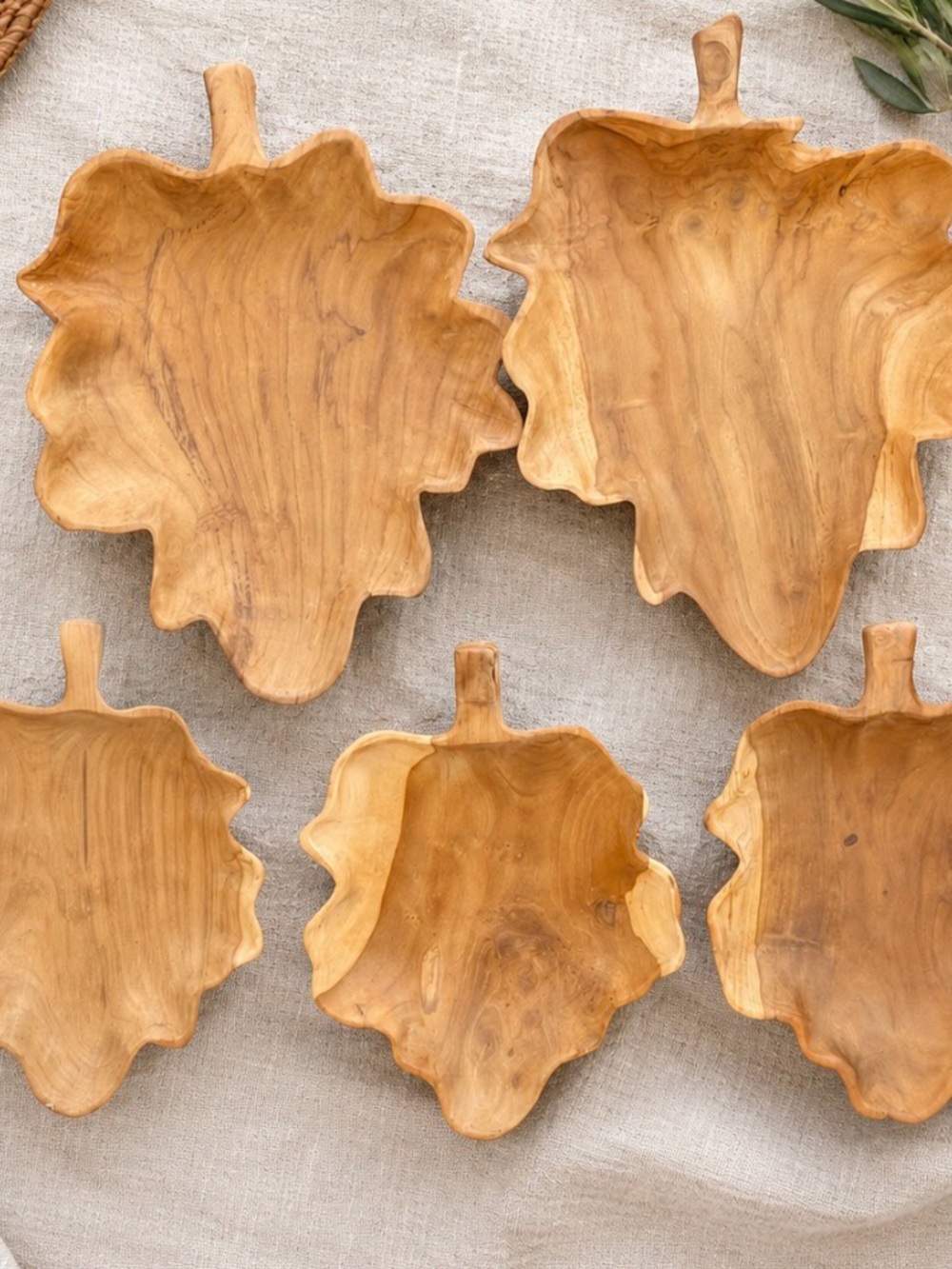 Hand-Carved Teak Leaf Serving Bowls - Natural Wood